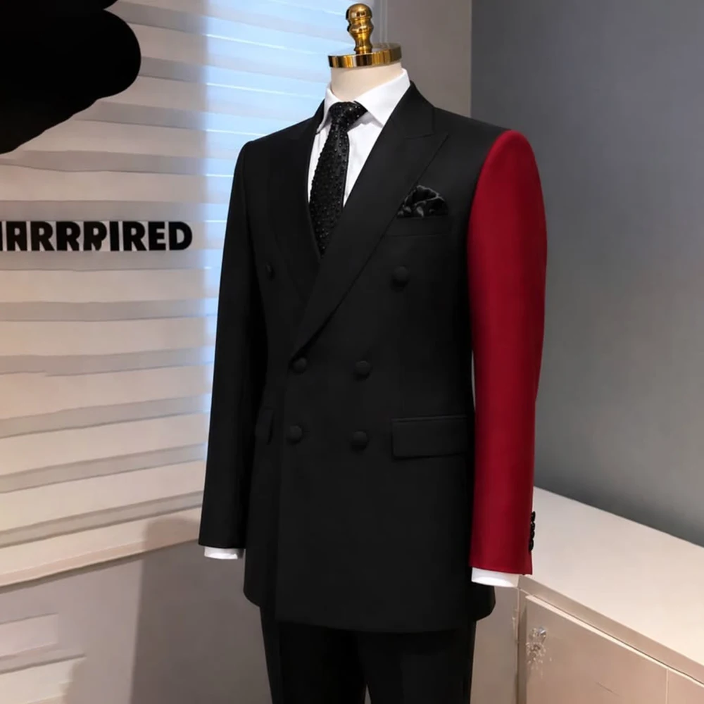 

Modern Unique Men's Black Suit with One Red Sleeve Double Breasted Peaked Lapel Formal Wedding Tuxedo Prom Costume Homme