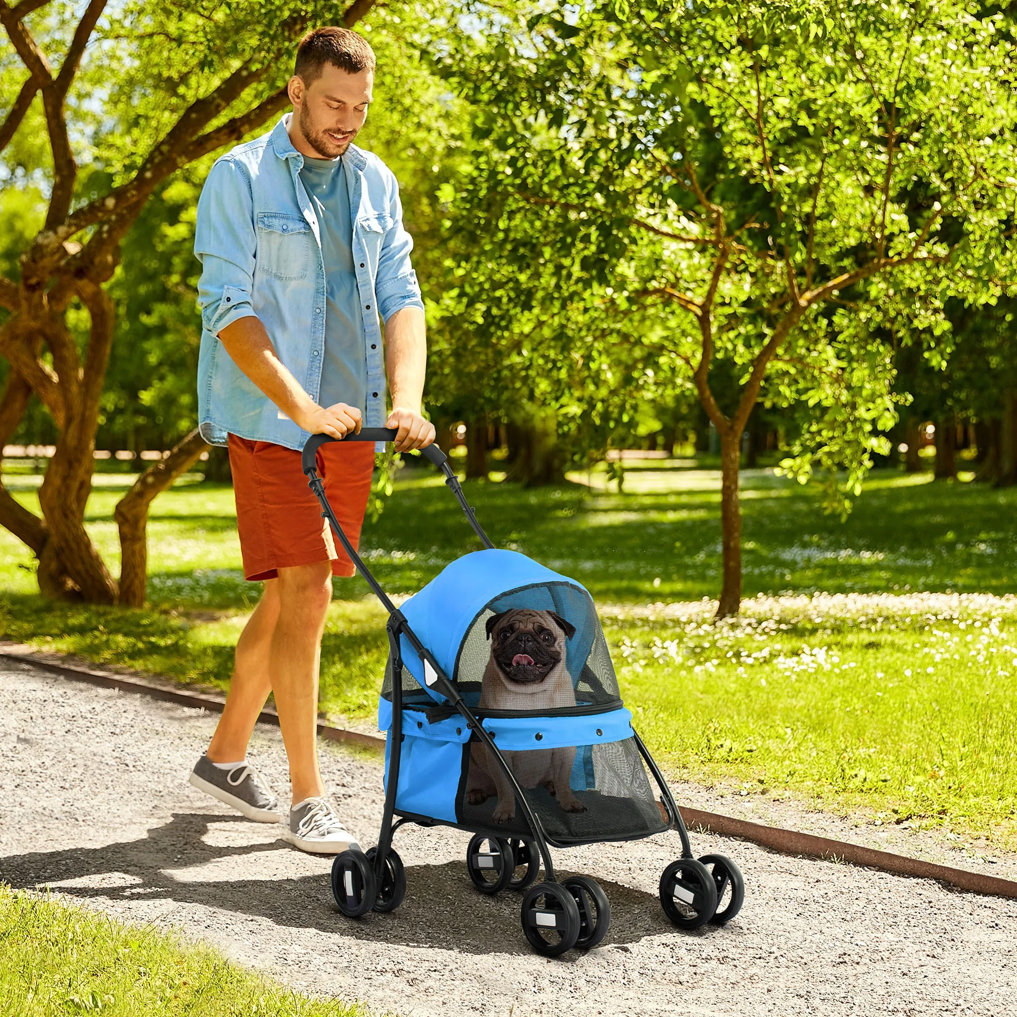 PawHut hondenbuggy, opvouwbare dierenkar met gaasvenster, 2 veiligheidslinnen.