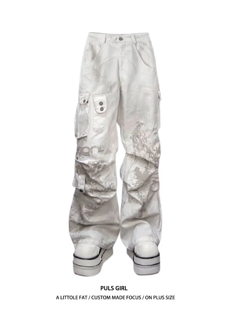 

Джинсы женские с высокой талией, широкими штанинами, в рабочем стиле, с множеством карманов, с эффектом потертости, с отворотами, в уличном стиле, больших размеров