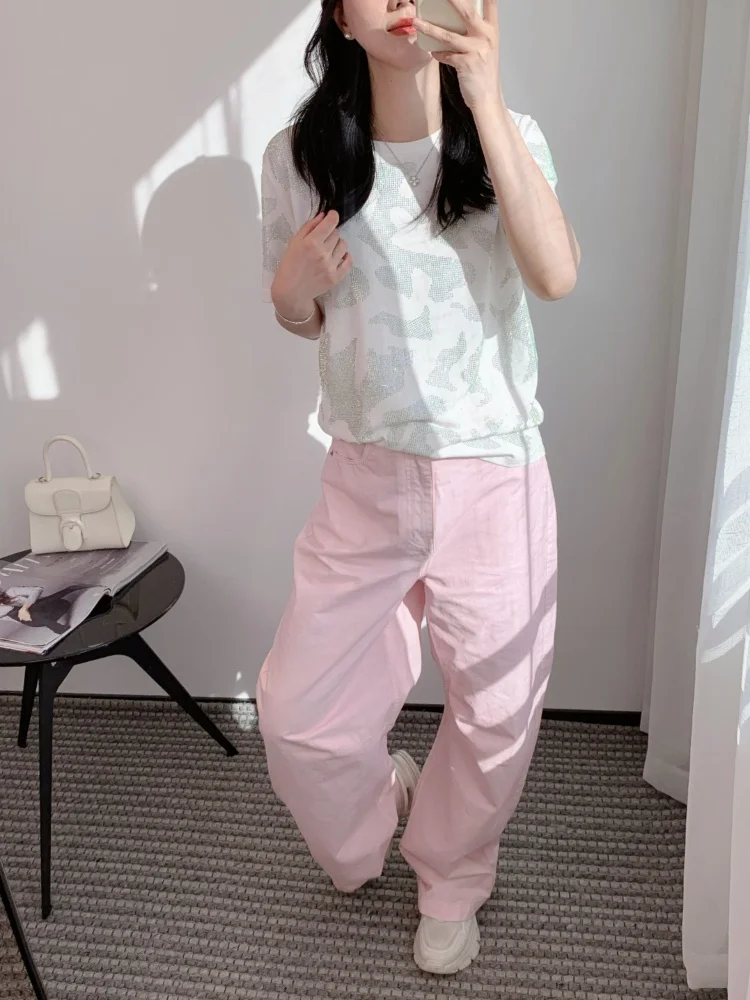 

Thoey Chen Pure Cotton T-irt Women's Summer Casual Loose ort Sve Glittering Drill Creative Pattern Breathable Sweat-wi...