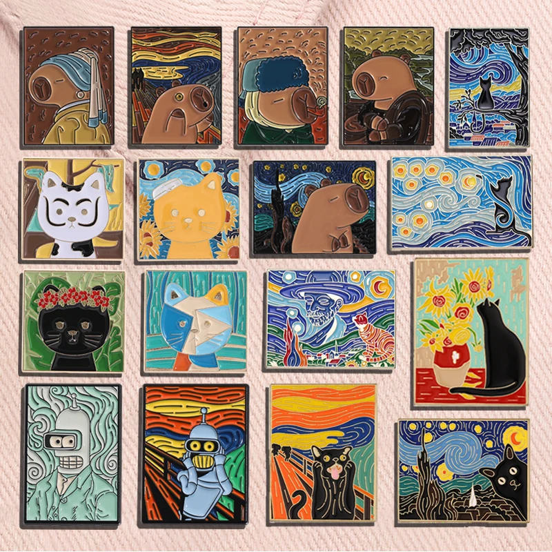 Der Schrei Van Gogh Ölgemälde Emaille Pin Cartoon Capybara Katze mit Perlenohrring Sternenhimmel Broschen Revers Abzeichen Schmuck Geschenk