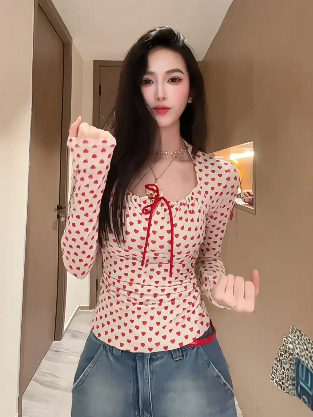 Pink Heart Polka Dot Long Sve T-irt Women's Spring Korean Sle Design Sense Bow Tie Spicy Base irt Top