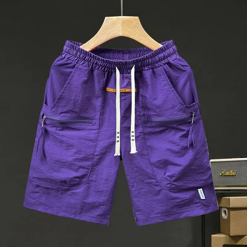 

Male Short Pants Quickly Do with Draw String Elastic Waist Men's Cargo Shorts Purple Solid Streetwear Comfortable Nylon Casual