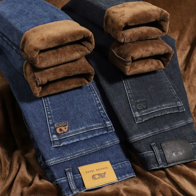 Hohe Qualität Winter Warme Fleece Klassiker Vintage Jeans Männer Verdicken Denim Hosen Arbeit Samt Beflockung Hosen Streetwear Plus Größe