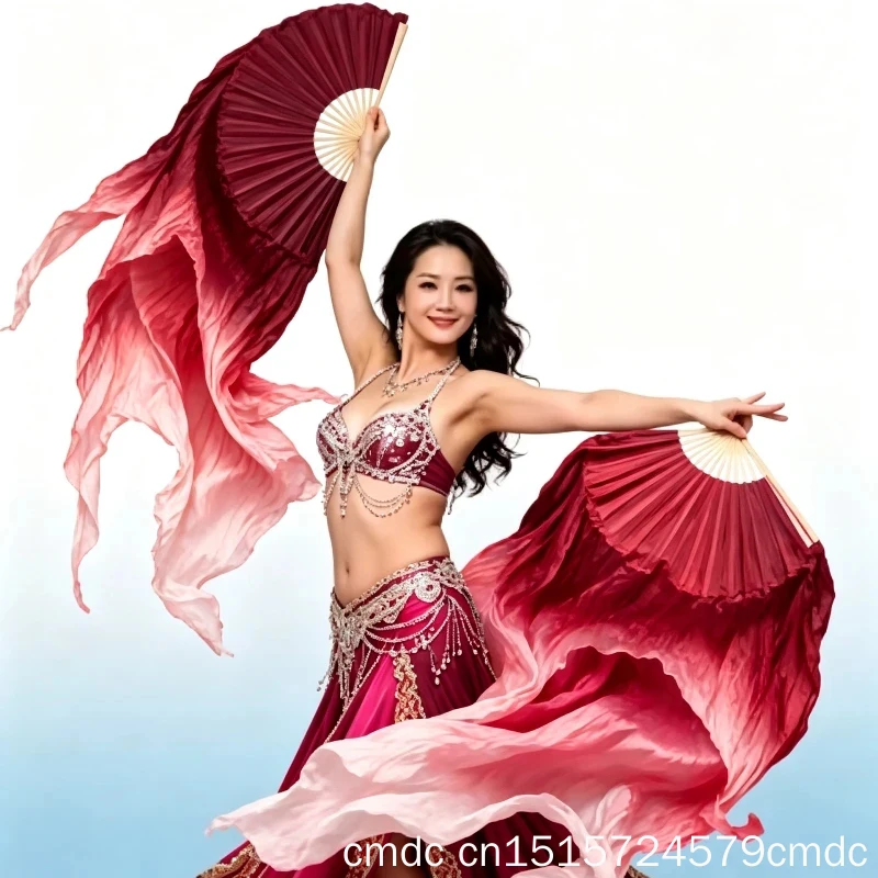 New Double Layer Gradient Genuine Silk Dance Fan Customizable in Size and Color for Chinese Folk Belly Dance Competition