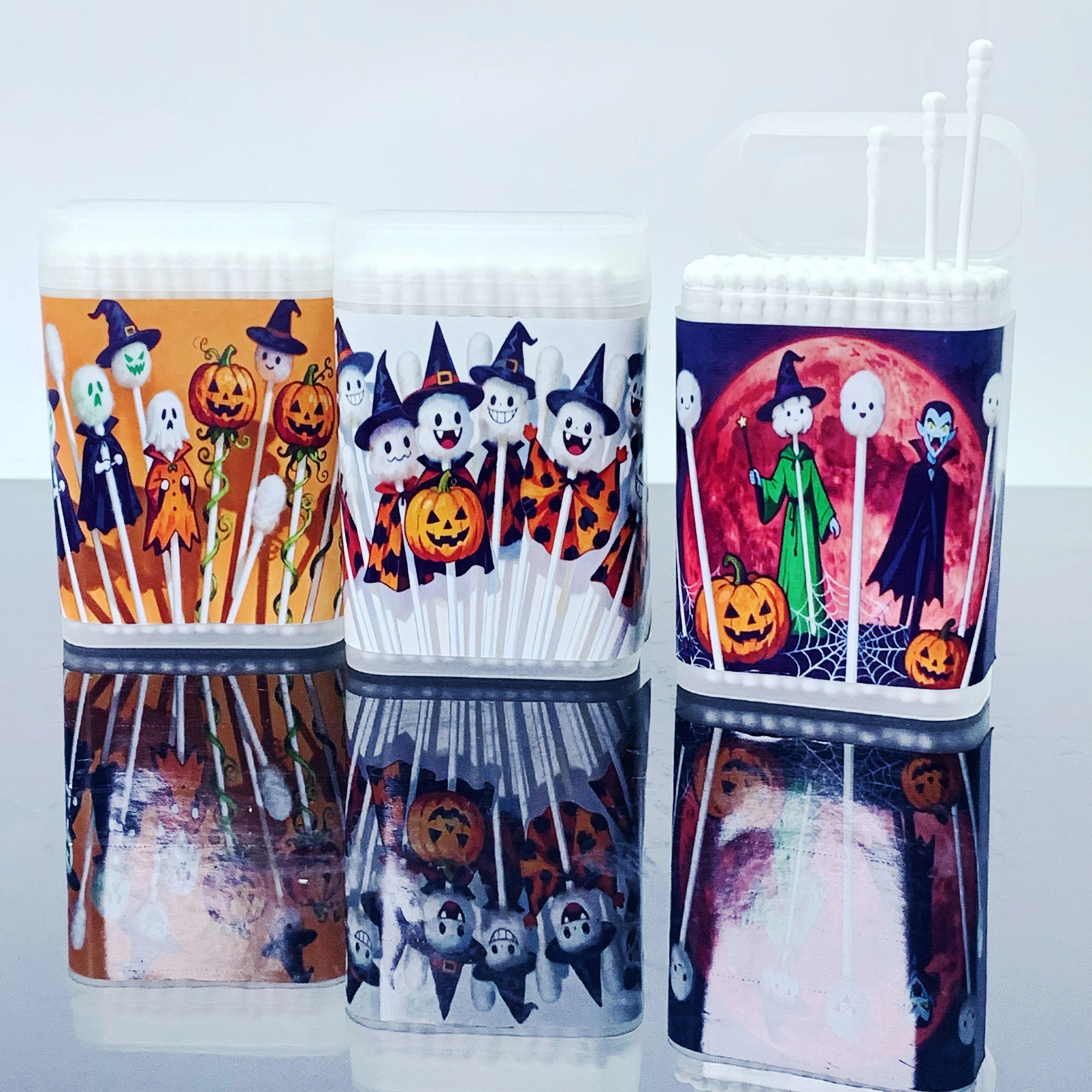 300개 호박 할로윈 요소 이중 헤드 얇은 막대 달팽이 모양 면봉 재미있는 할로윈 테마 면봉 스티커