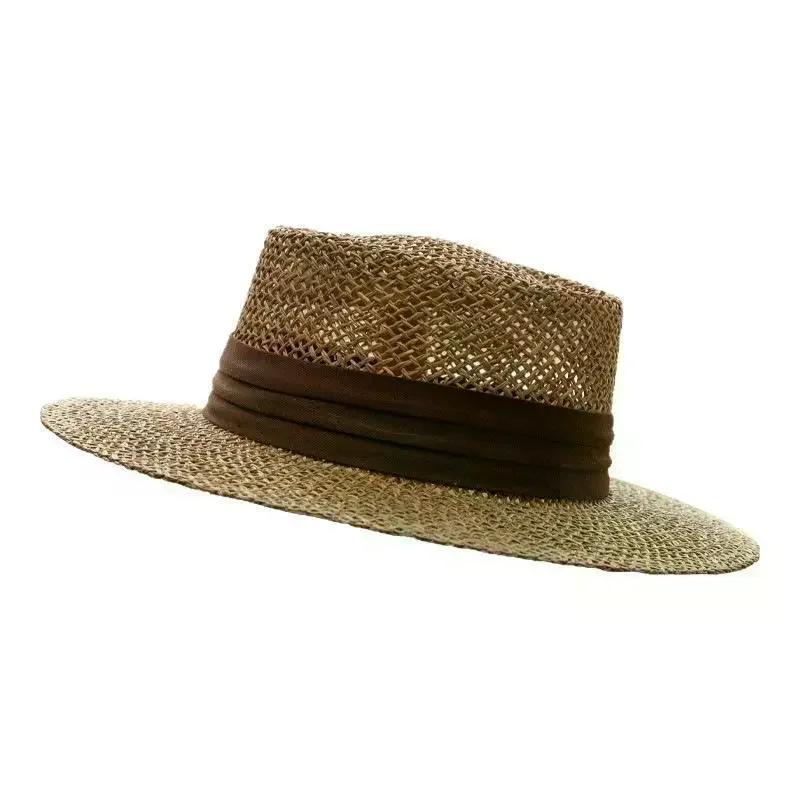 Handwoven Breathable Straw Boater Hat Natural Black Ribbon Hollow Weave for Family Vacation Beach Days