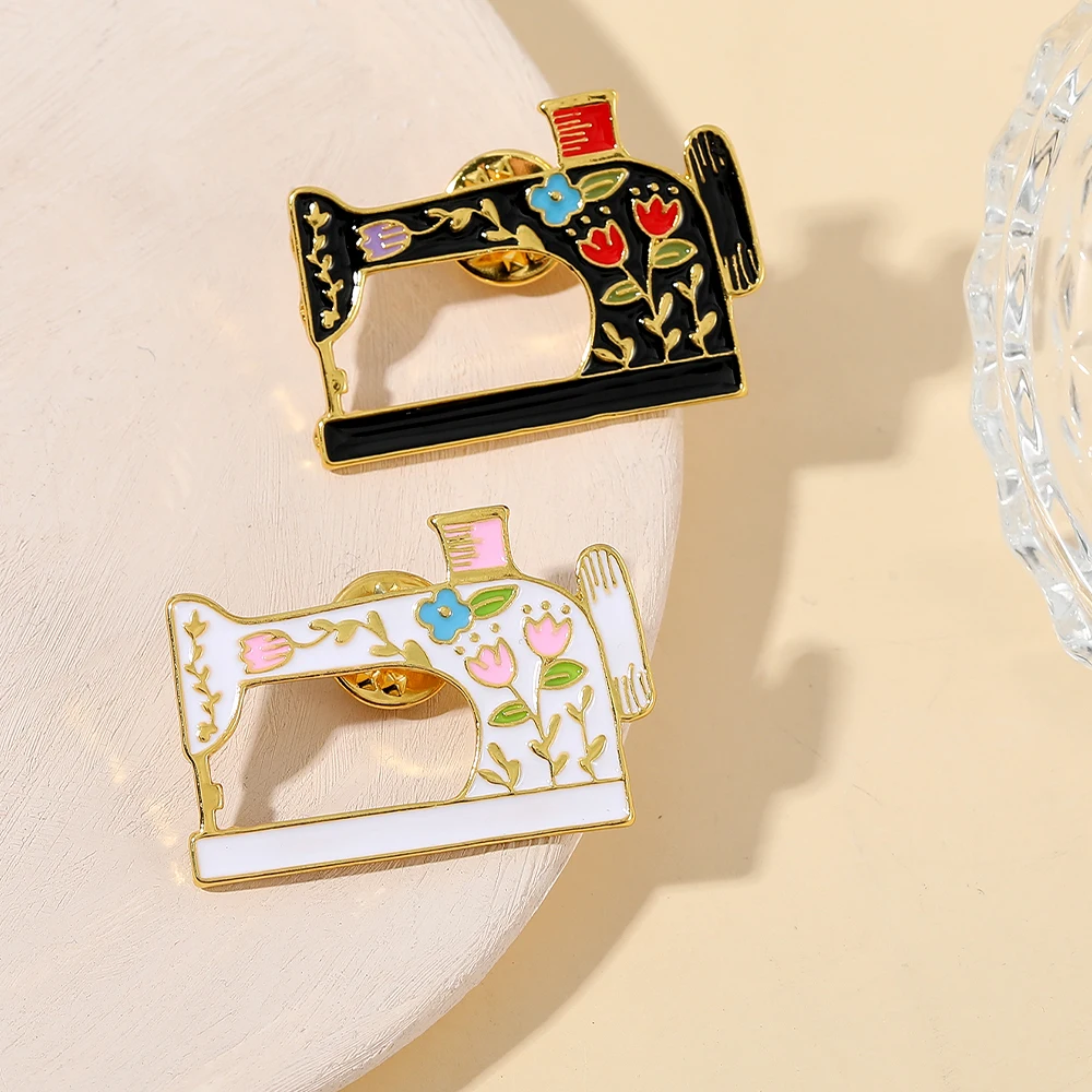 Vintage Sewing Machine Enamel Brooches Pretty Flower Pattern Pins For Women Girls Jewelry Gift