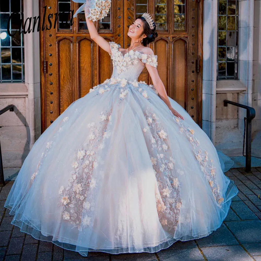 Vestido De baile De quinceañera con cuentas De cristal champán, apliques De flores 3D, corsé De encaje, 15 Años