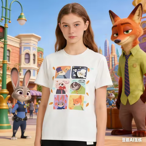 1pc Kids Zootopia Judy Inspired Cartoon Animal Characters Print T-Shirt Six Grid Panel Short Sleeve Tee Summer Casual Top