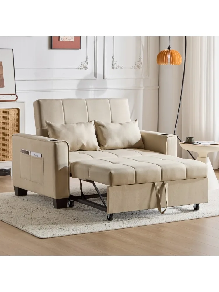 Ye 2 Seater Sofa Bed with Cup Holders, Pull Out Sleeper Sofa Convertible Fabric Sofa Chair Foldable Bed Settee , Beige