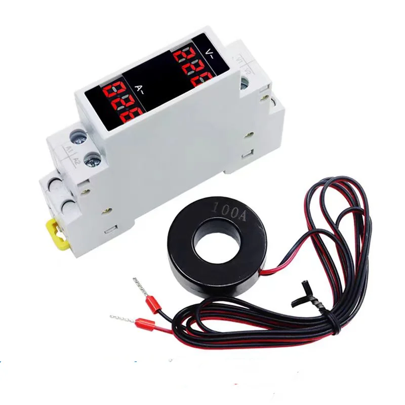 Din Rail Mount Three Phase Ampere Meter Ac 80-500V 100A Mini Modular Ammeter Gauge Indicator LED Digital Display Detector