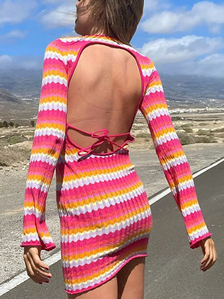 Robe de plage en tricot à rayures pour femmes, dos nu, manches longues, vert, décontracté, vacances, sexy, fête, mini, Y2K, 2024