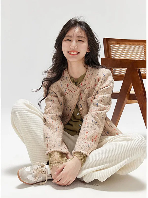 

Ele Tweed ort Coat Women's Faion Autumn 2025 Slimming Casual Loose Fit Collar Button up Long Sve Top