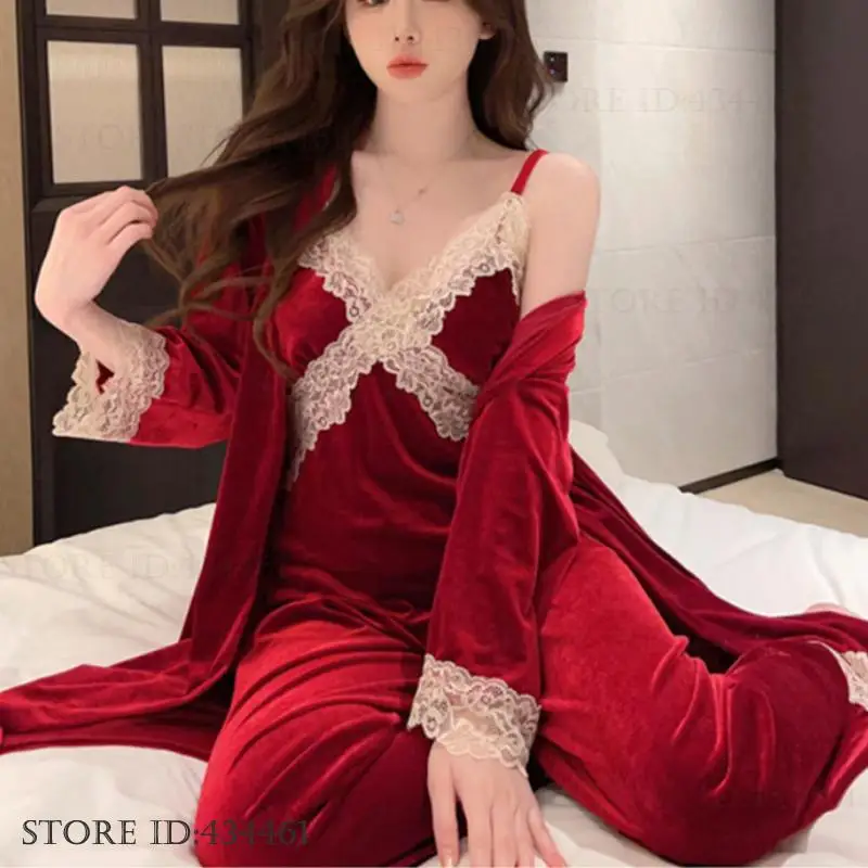 

Бархатный женский халат из 3 предметов, пижамный комплект, осенне-зимняя велюровая женская одежда для сна, домашняя одежда, сексуальное кружевное белье, ночная одежда, домашняя одежда