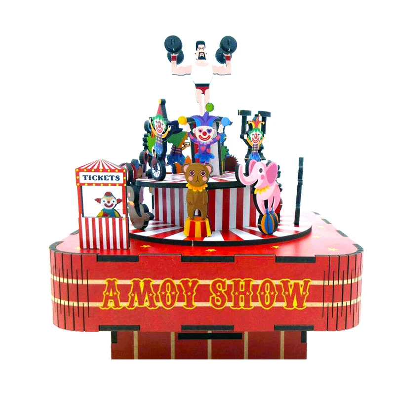 DIY 3D Wooden Circus Troupe Music Box Miniature Model Kits Jigsaw Puzzles Can Move for Children Birthday Gifts Home Decoration