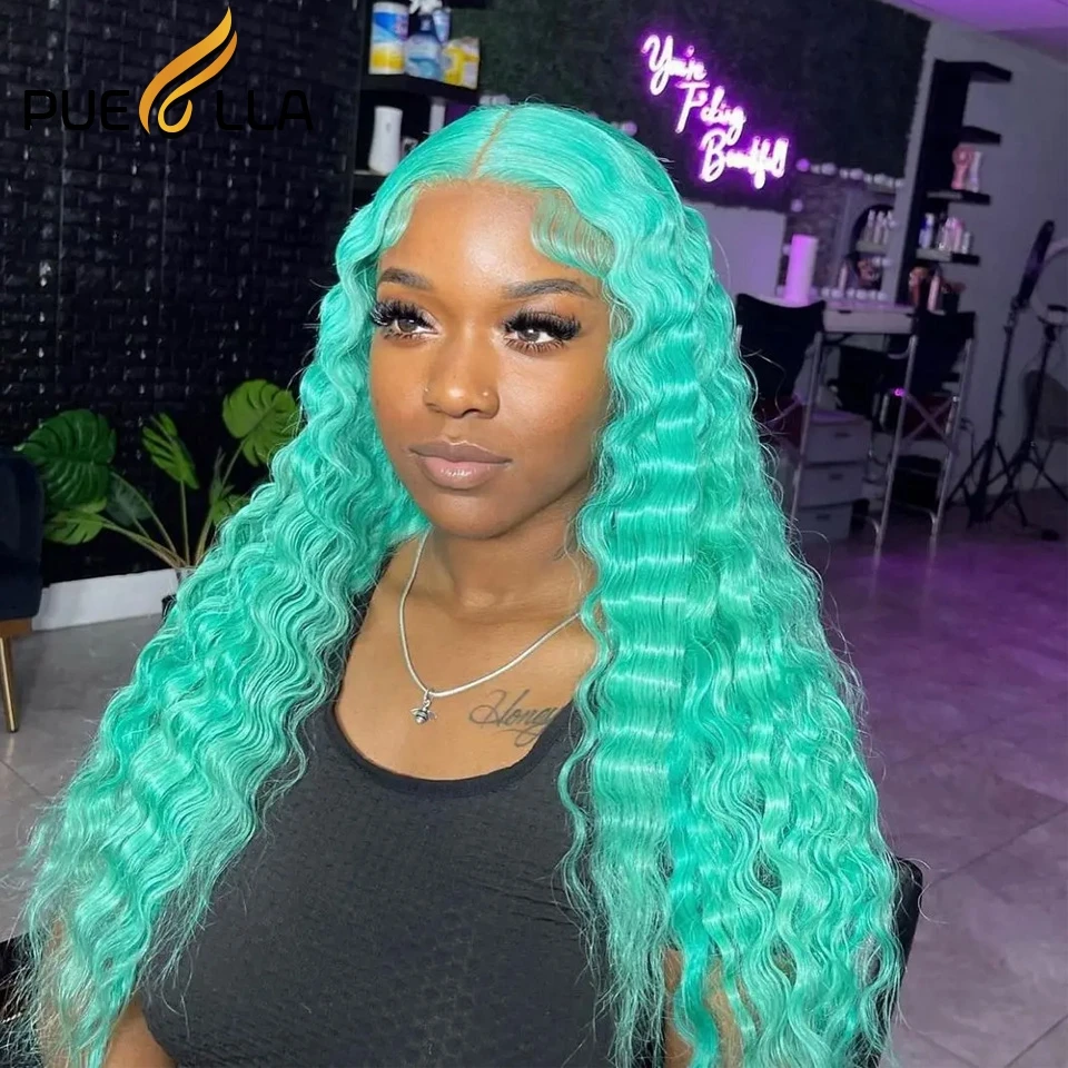 Perruque Lace Front Wig Deep Wave Naturelle Bouclée, Cheveux Longs, Vert Ombré, 4x4, 13x6, 13x4, pour Femme Africaine