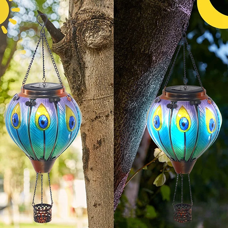Outdoor Lanterns Hot Air Balloon Solar Lantern With Candle Holder For Garden Decor,Hanging Solar Light Outdoor Peafowl Durable