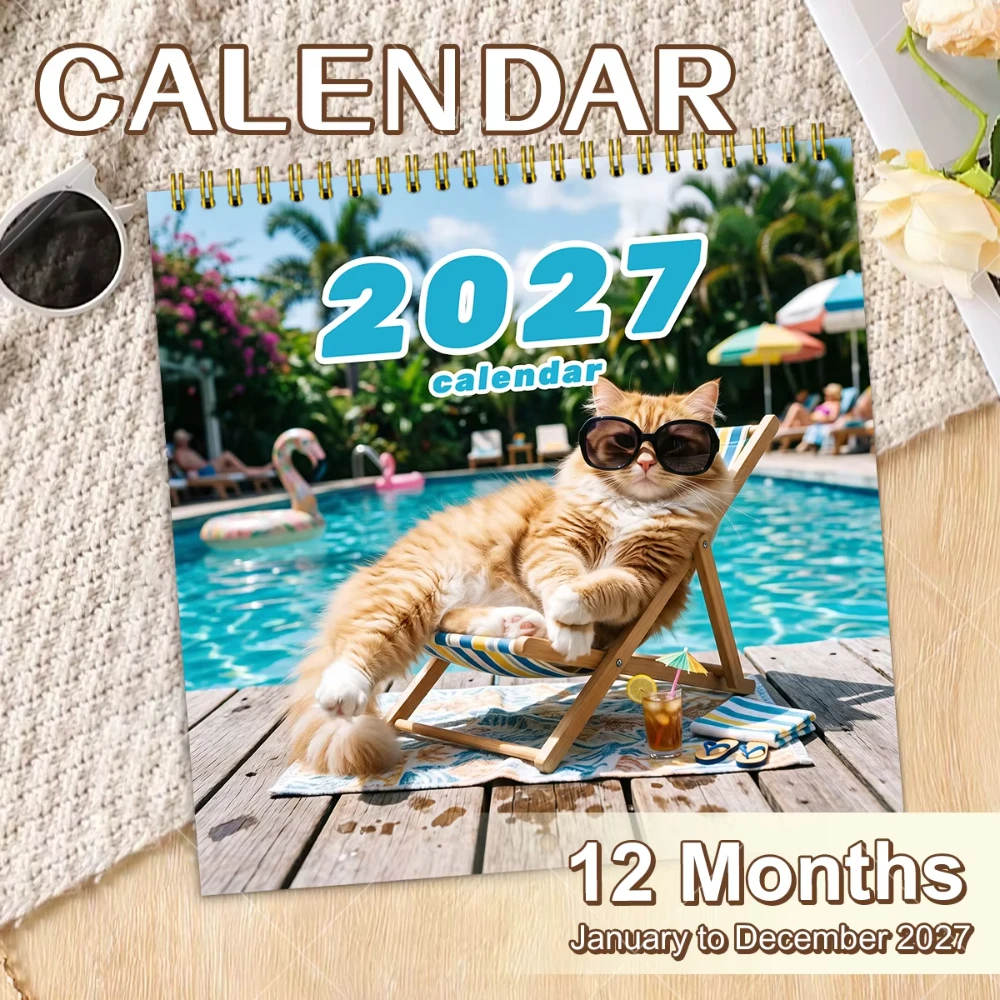 

1pc Holiday Tropical Cat Photo Wall Calendar 2027 Funny Landscape Cat Monthly Hanging Calendar for Home Decor Or Office Supplies