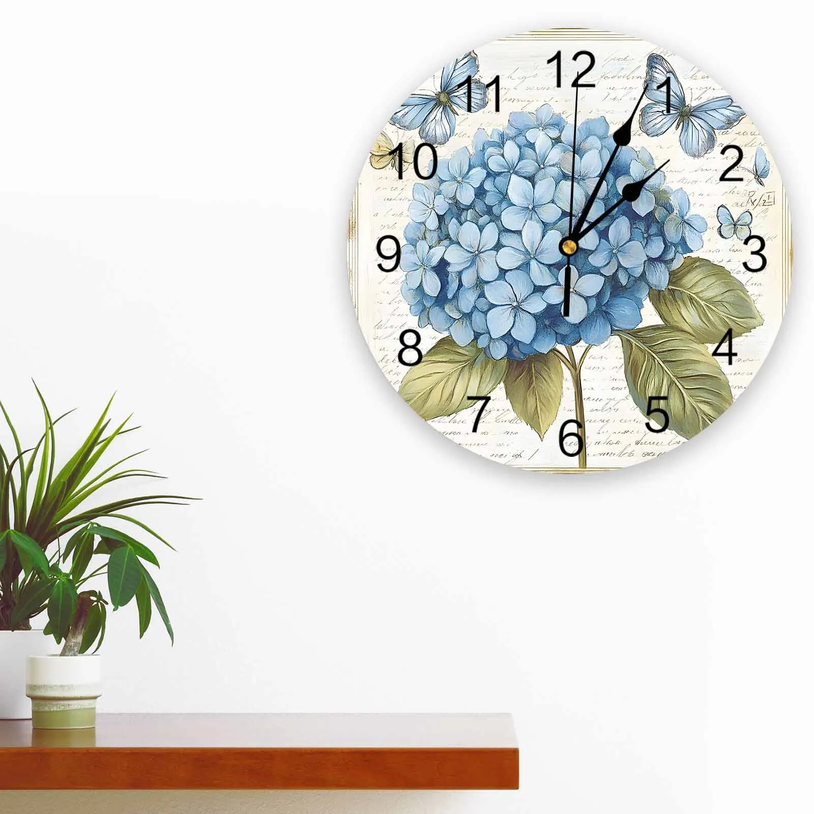 

Blue Flower Butterfly Texture Wall Clock Large Modern Kitchen Dinning Round Clocks Bedroom Silent Hanging Watch