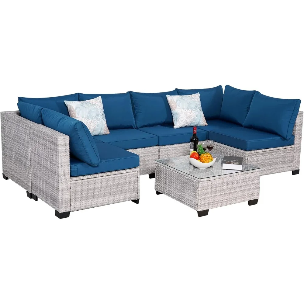 

Outdoor 7-Piece Rattan Sectional Sofa Set with Glass Table and Wicker Chairs
