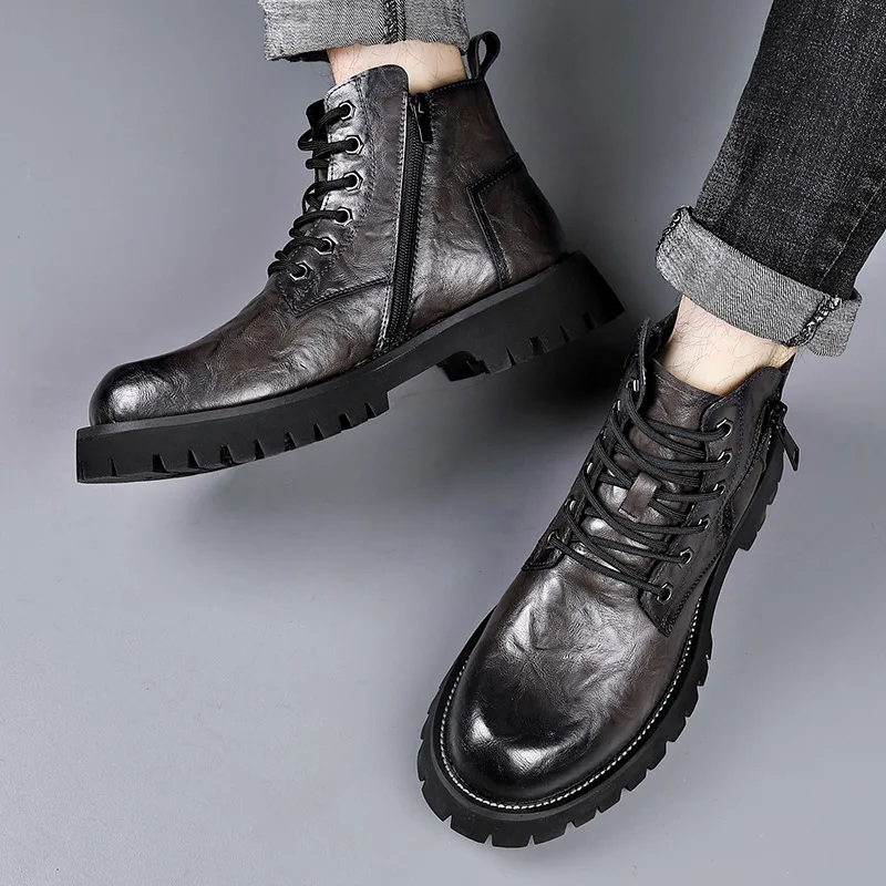 

High Quality Leather Boots 2026 New Men's British High Top Leather Shoes for Men Workwear Snow Leather Boots Men's Short Boots