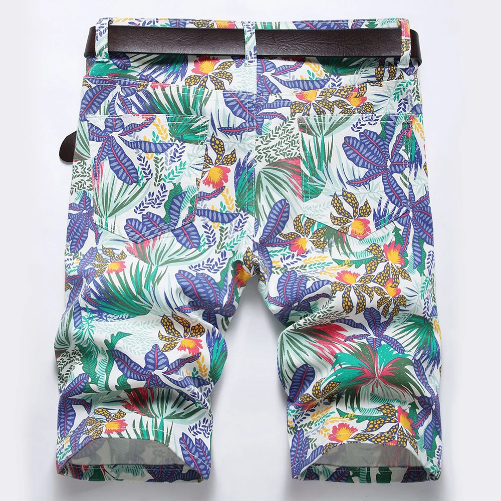 Pantaloncini di jeans elasticizzati con stampa digitale da uomo pantaloni da equitazione con fiori di piante tropicali di moda per l'estate