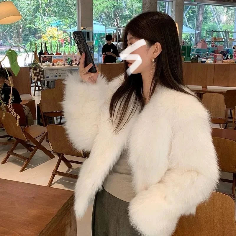 Women's Faux Fox Fur Shearling Coat, Short Stand Collar Thick Warm Winter Furry Jacket