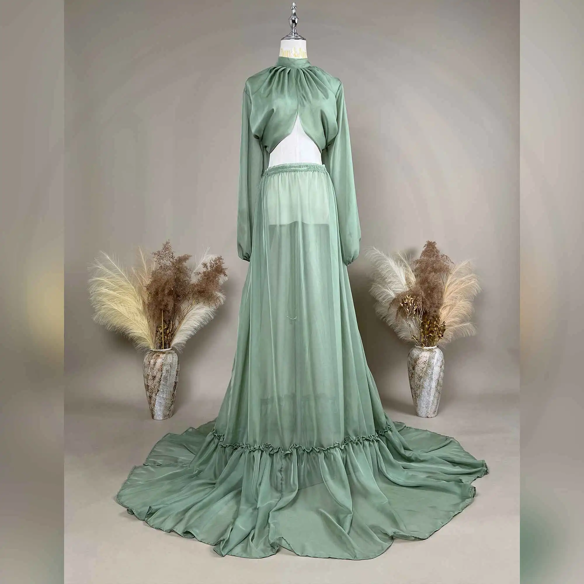 Don&Judy Luxury Chiffon Minimalist Silhouette with Dramatic Floor Length Train Maternity Dress Embroidery Maternity Dress