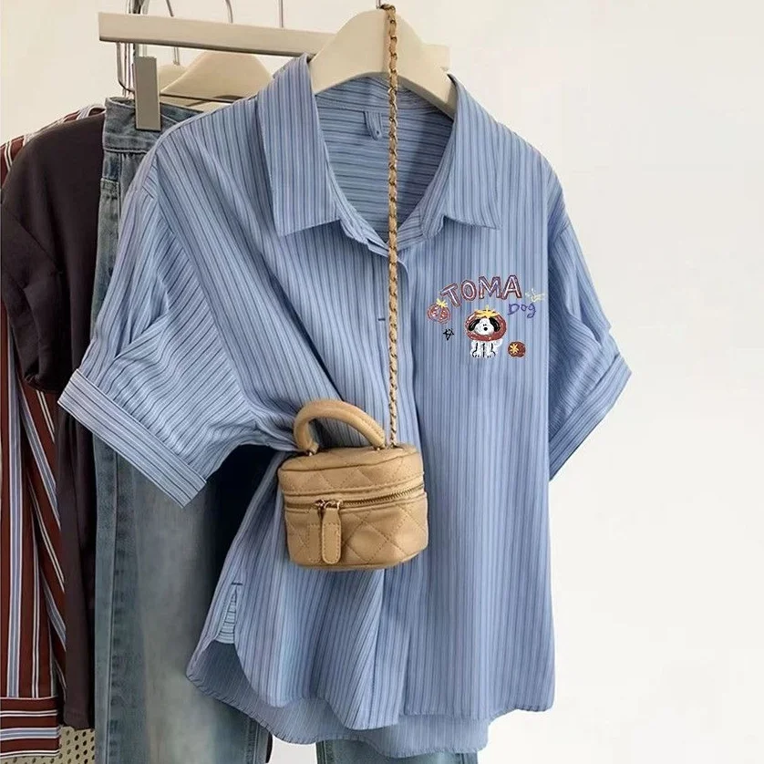 

plus Size Blue Striped Tomato Dog Shirt Short Sleeve Women's Top Summer Loose Slimming T-Shirt Korean Style Casual Breathable