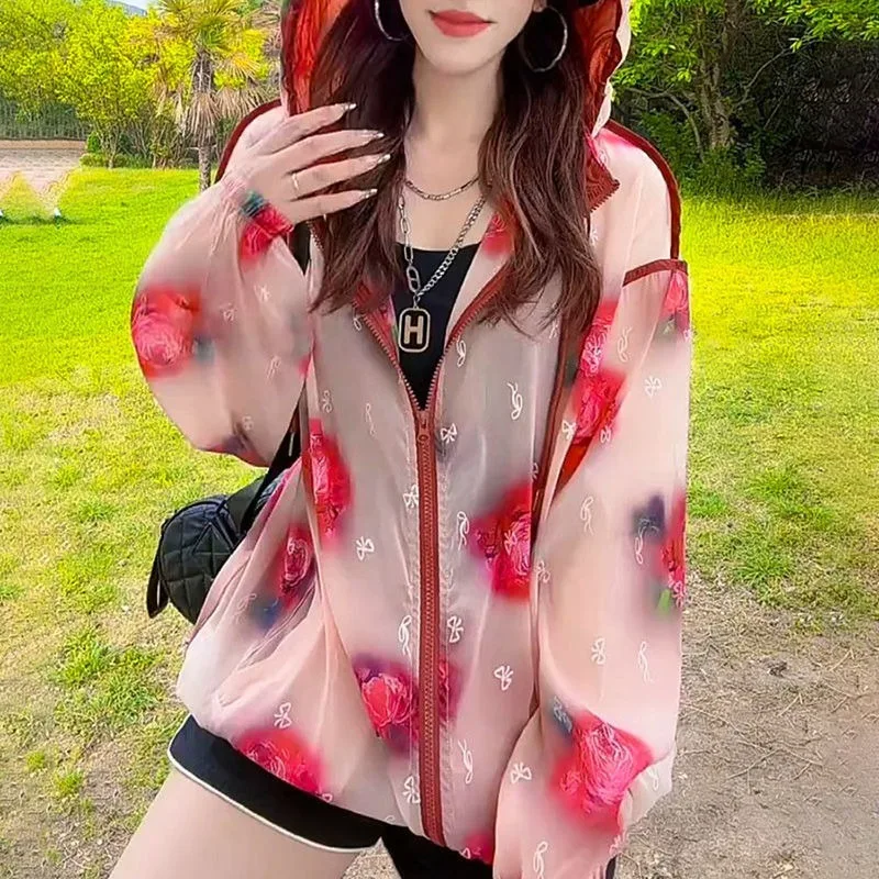 

Y2K Sunscreen Clothing Female Ice Shreds Hooded Summer Korea Printing Loose Fitting Tide Lovely Zipper Jacket Breathable