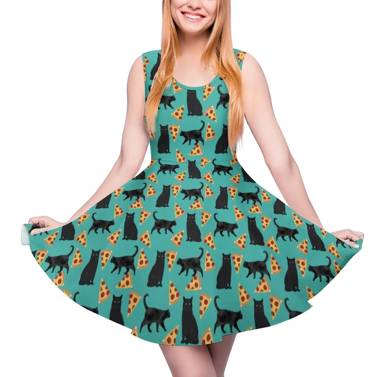 Katten en pizza jurk zwarte dierenprint strandjurken mouwloze esthetische trendy skatejurk zomer vrouwelijke oversized vestidos