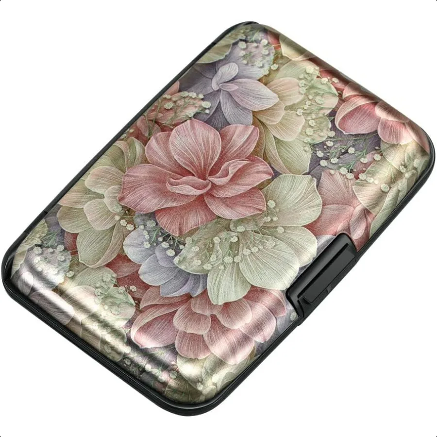 

ELFISH Mini RFID Aluminum Wallet Credit Cards Holder Busin Card Case Metal ID Case for Men WomenHappy Flower