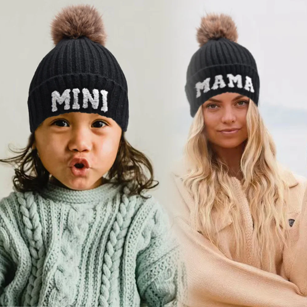 Mini chapeau à pompons avec lettres pour bébé garçon et fille, casquette pour enfant, hiver