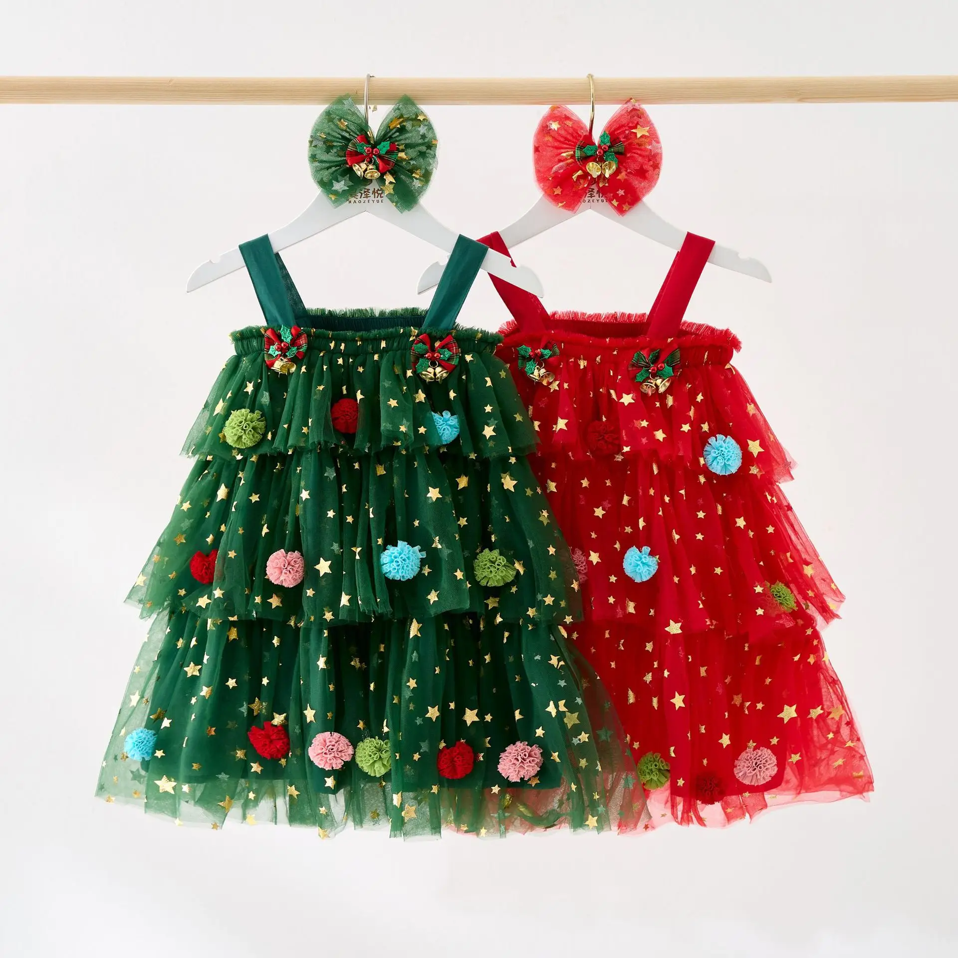 Children\'s Christmas Dress Girl Dress with Hair Bows Christmas Dress Child Princess Layered Tulle Plush Ball Hat Xmas Clothes