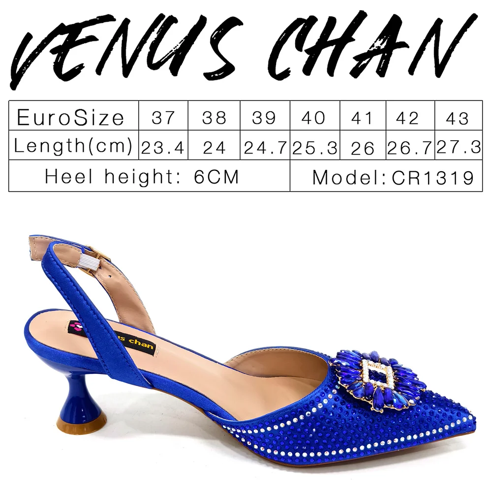 Venus Chan, nuevos zapatos de tacón y bolso italianos azules para fiesta, estilo 2025 INS, puntiagudos, diamantes de imitación, elegantes tacones bajos, cuña para mujer