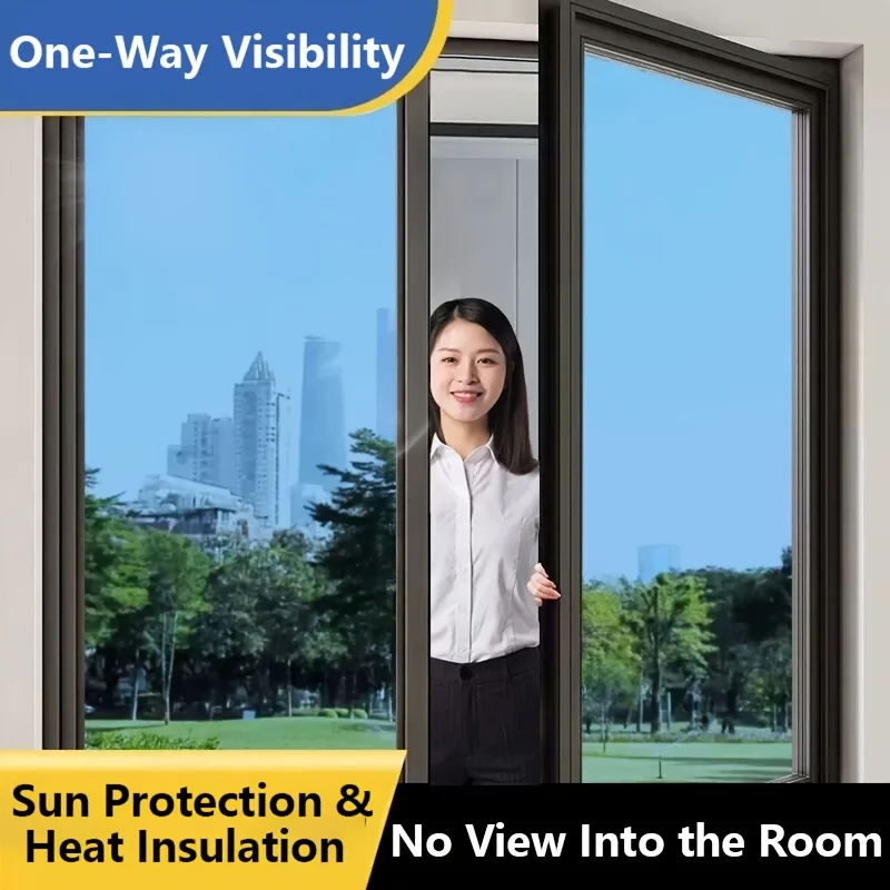 One Way Privacy Reflective Glass Window Film Static Non Adhesive, Sun Heat Insulation Anti UV Mirror Sticker for Indoor Window