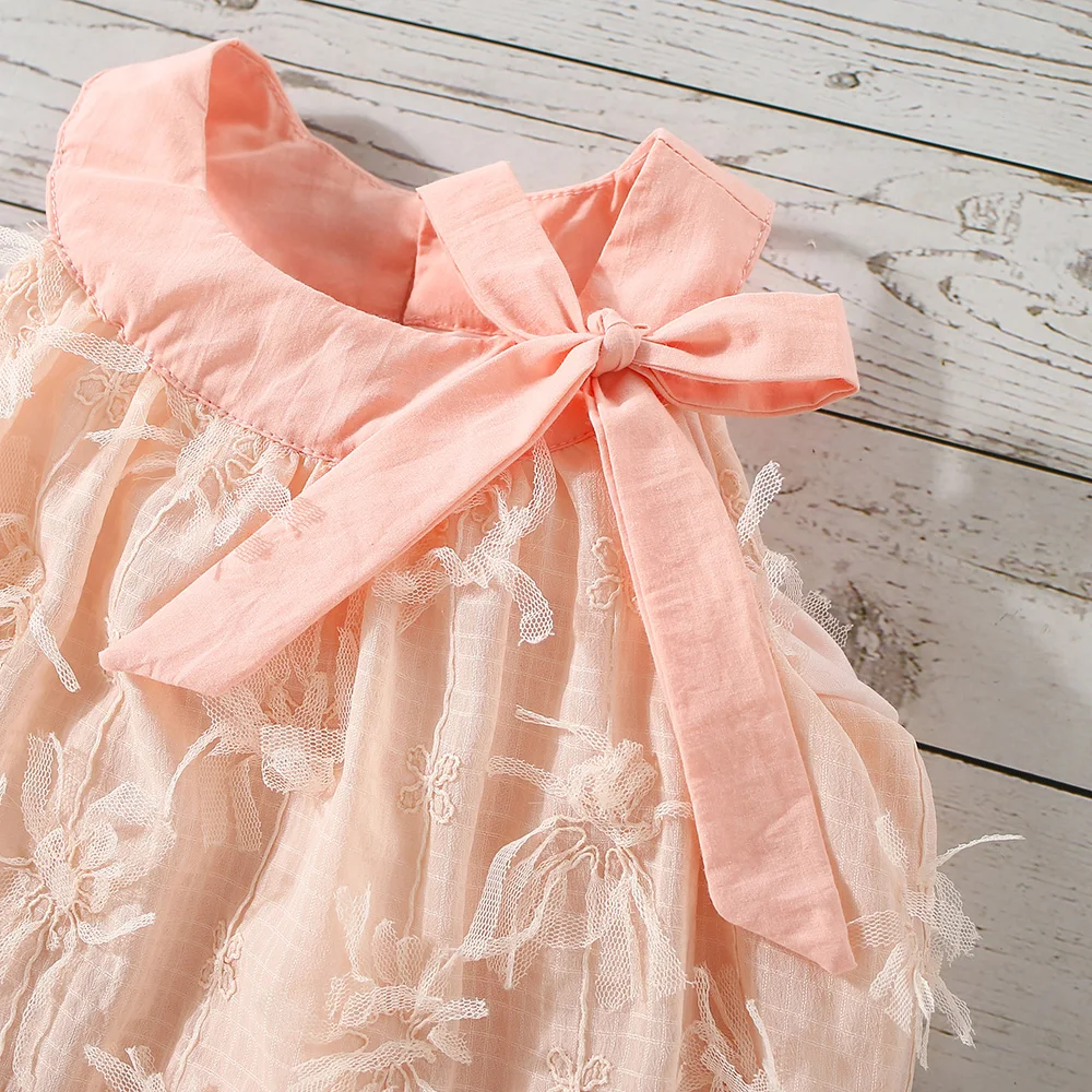 Summer New Baby Girls Dress Halter Floral Ribbon Embellishment Embroidery Ruffled Bow Sleeveless Sweet Princess Dress