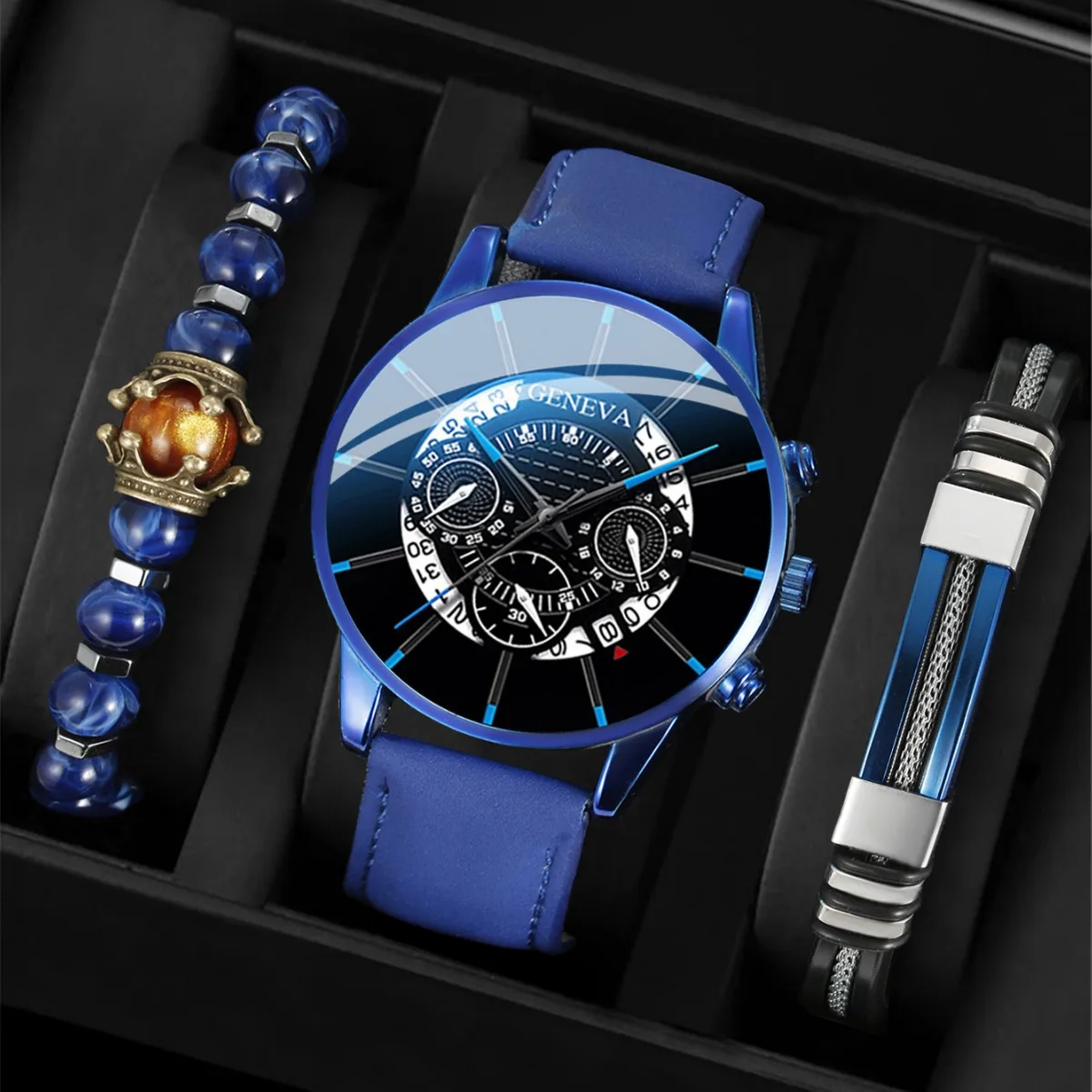 

3pcs Men's Fashion Atmospheric Simple Trend Large Disc Business Quartz Watch High-end Luxury Blue Bracelet Two-Piece Set