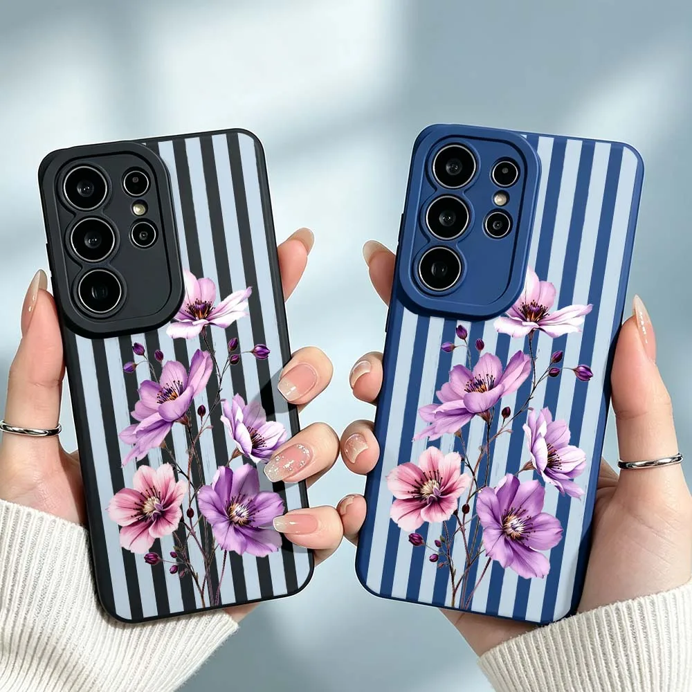 Purple Pink Flower Stripe Cover For Samsung Galaxy S26 S25 S24 S23 S22 S21 A55 A54 A35 A15 Ultra FE Plus Phone Case