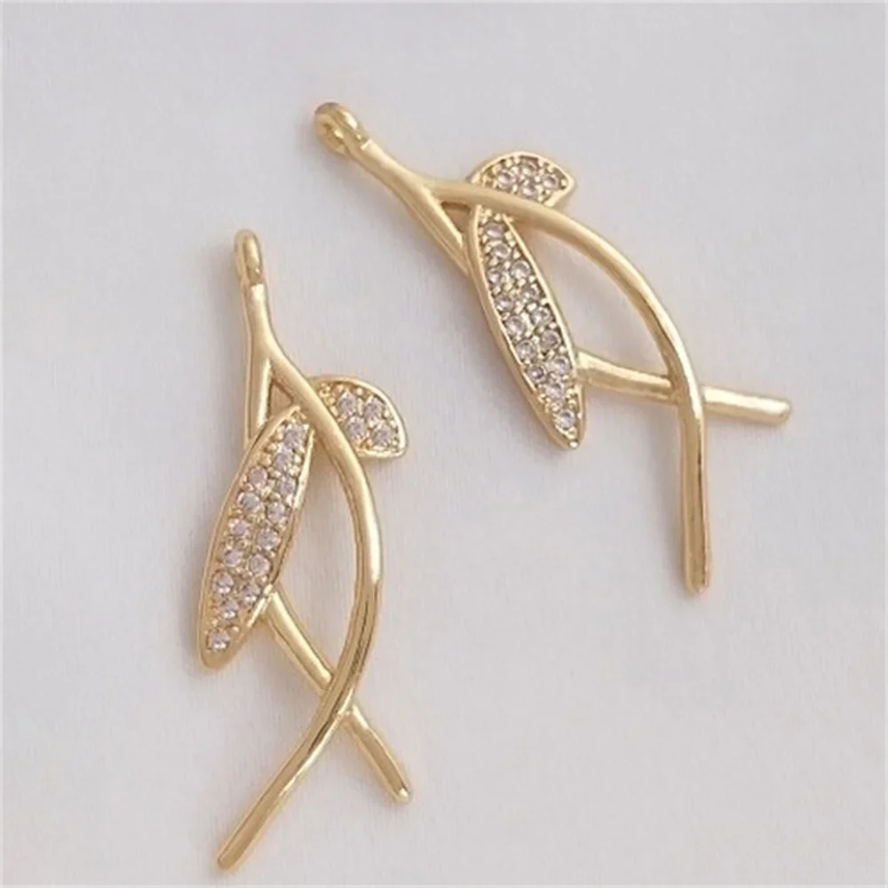 14K Gold Micro Inlaid Zircon Branch and Leaf Pendant DIY Handmade Earrings Ear Accessories, Hairpin Pendants K202