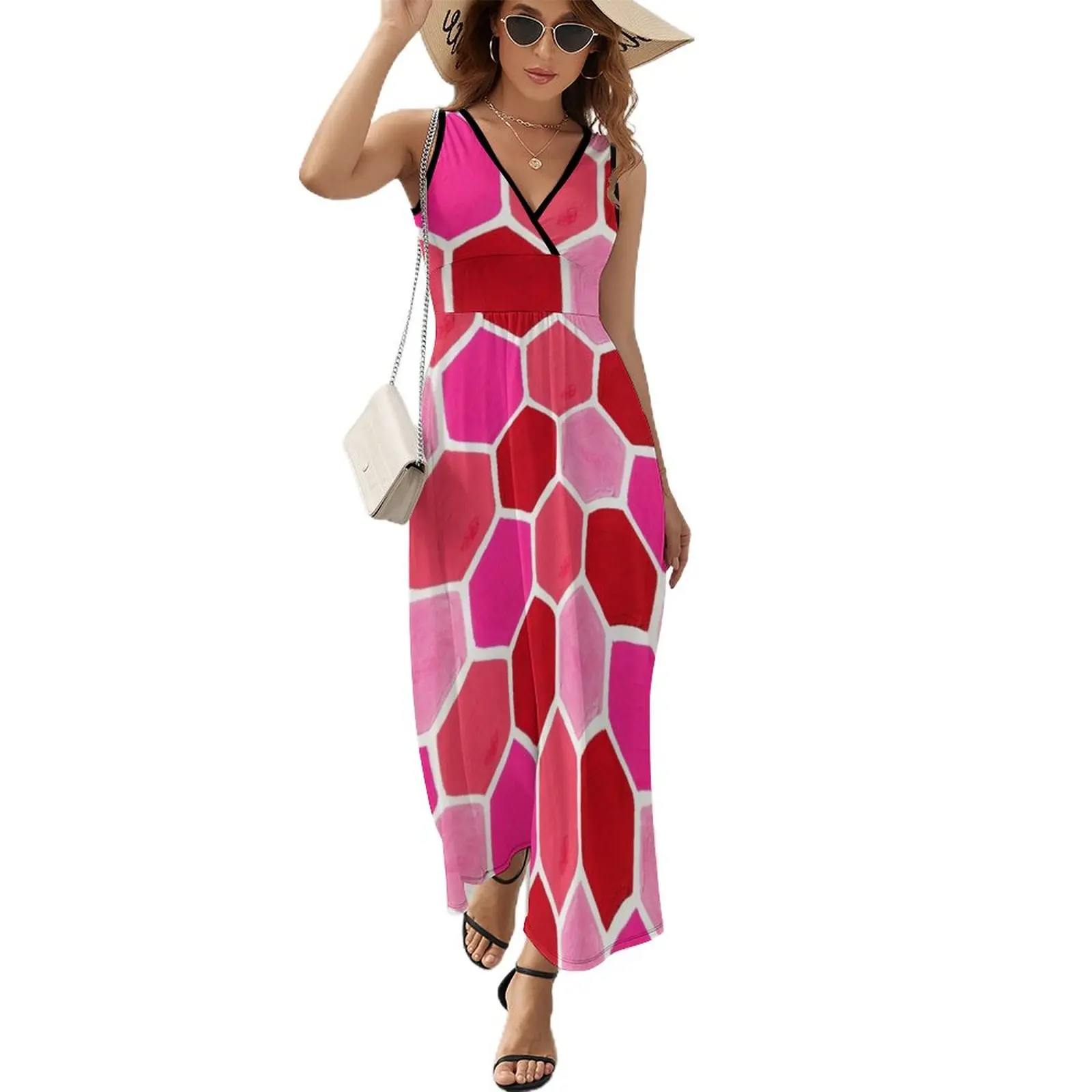 Hexagon Honeycomb Pattern – Valentine Palette Sleeveless Dress dresses summer summer dress women 2023