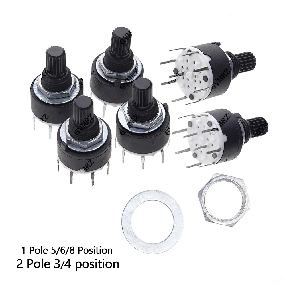 1PCS 2 Pole 3 4 position SR16 Plastic 16MM Rotary Band switch 1 Pole 5 6 8 Position Handle Length 15MM Axis band switch