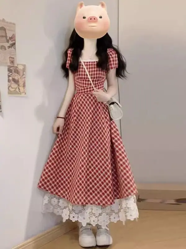 Sweet First Love A-Line Dress Women's Summer plus Size Belly Covering Slimming Skirt Pear Shape High Waist Short Sleeve Dress