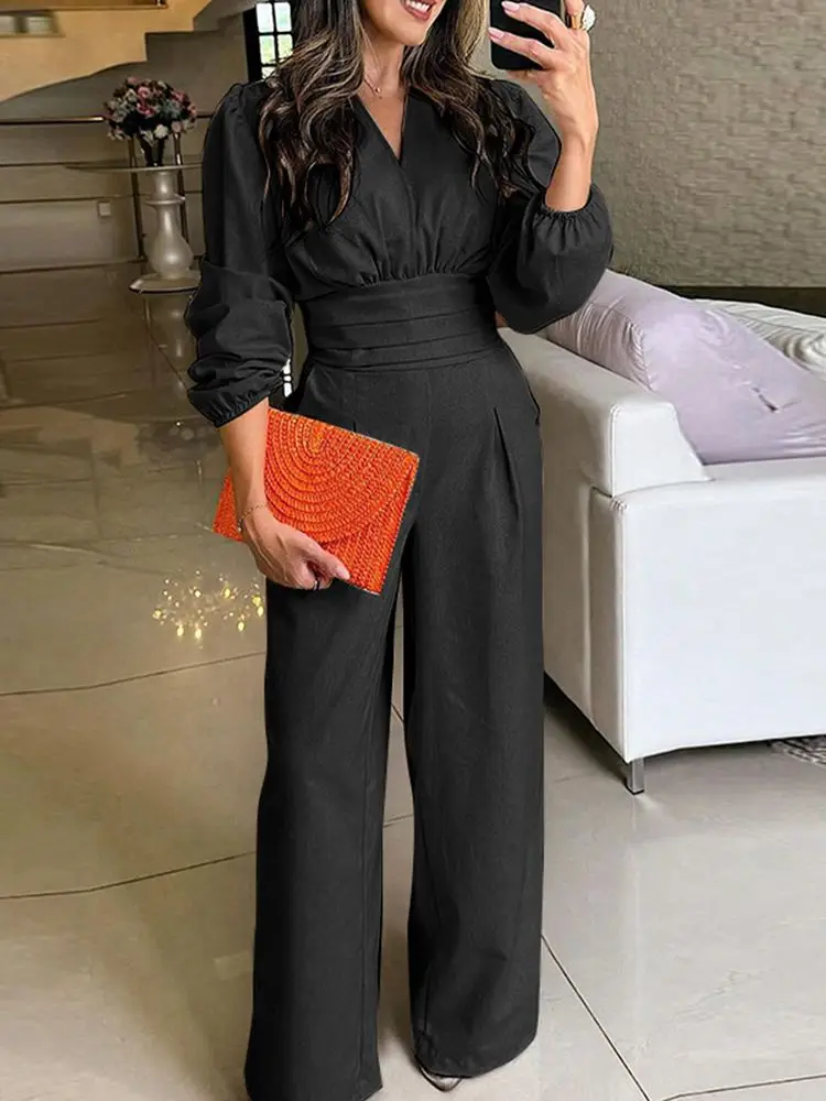 VONDA Women Autumn Long Sleeve V-neck Romper Fashion Vintage Solid Color Wide Leg Jumpsuits Lantern Sleeve High Waist Playsuits