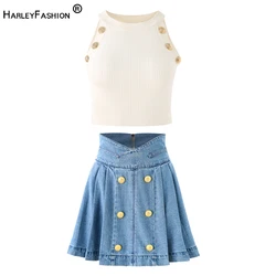 Y2K Style Hot Summer Popular Street Knitted Sleeveless Tank Vest Tops Mini Pleated Denim Skirt 2Pcs Short Sets for Women