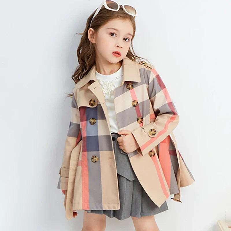 Spring Autumn Girls Trench Coat New Teenage Long Sleeve Trench Jacket Double Breasted Belted Windbreaker Kids Plaid Coat 2-12Y