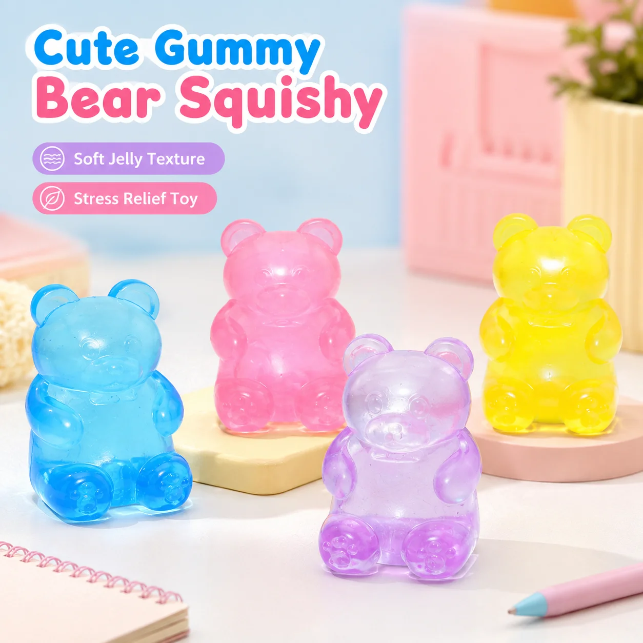 Clear Gummy Bear Squishy Toy, Soft Jelly Texture Stress Relief Squeeze Fidget Toy, 4 Cute Colors Kawaii Desk Decompression Gift