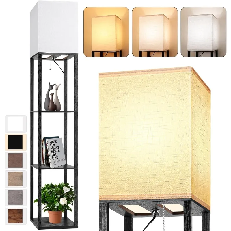 Floor Lamp with Shelves for Living Room, Shelf Floor Lamp with 3 CCT LED Bulb, Corner Display Standing Column Lamp Etagere