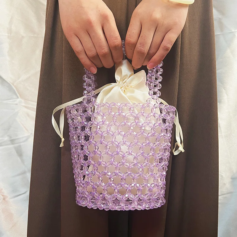 

Sweet Handmade Beaded Acrylic Bucket Bag Trendy Crystal Handbag Small Women's Clutch Fashionable Simple Design Party Purse
